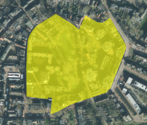 Plattegrond van een deel van Wageningen; de vuurwerkvrije zone Torckpark is het gele gebied. De vuurwerkvrije zone Torckpark wordt begrensd door de volgende straten: Bowlespark, Rustenburg, Veerstraat, Van Hoornhof, doorsteek naar Spijk, Heerenstraat, Bowlespark. 